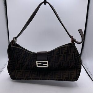 Vintage Fendi Zucca Brown Handbag Shoulder Bag With Silver Accents